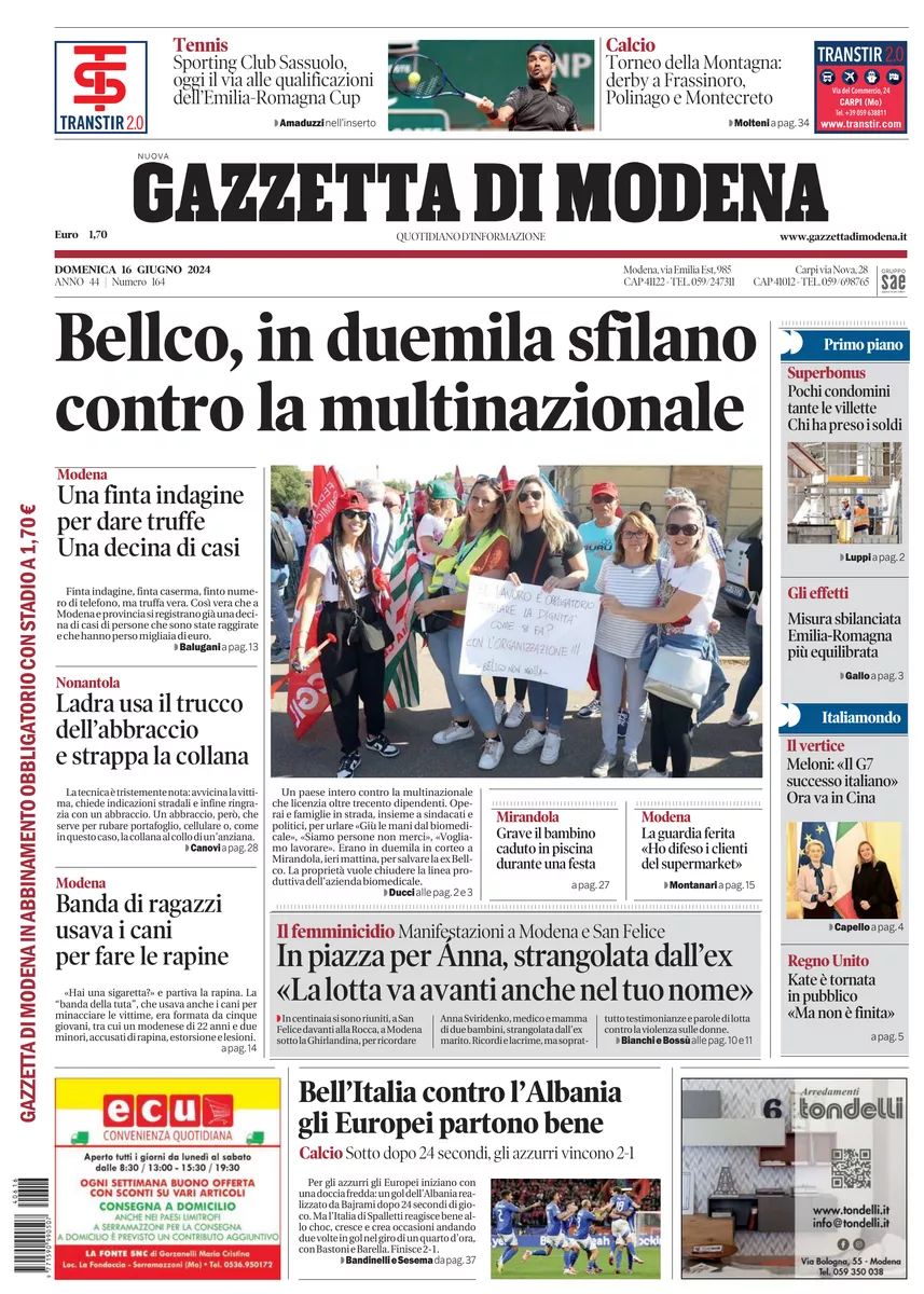 Prima-pagina-gazzetta di modena-oggi-edizione-del-2024-06-16